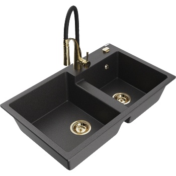 Mexen Tomas гранитна мивка с 2 отделения и кухненски смесител Aster, черен на пръски - 6516-76-73450-57-G (6516-76-73450-57-G)