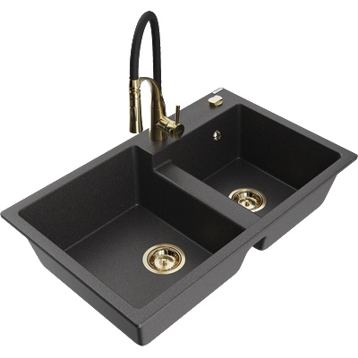 Mexen Tomas гранитна мивка с 2 отделения и кухненски смесител Aster, черен на пръски - 6516-76-73450-57-G (6516-76-73450-57-G)