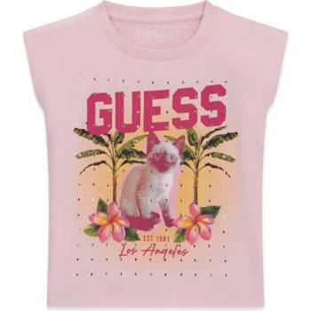 GUESS Розова Oversize тениска за момиче с коте и кристали Guess