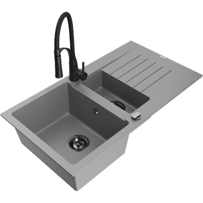 Mexen Matias гранитна мивка 1, 5 камери с отцедник и кухненски смесител Aster, сив - 6502-71-73450-70-B (6502-71-73450-70-B)