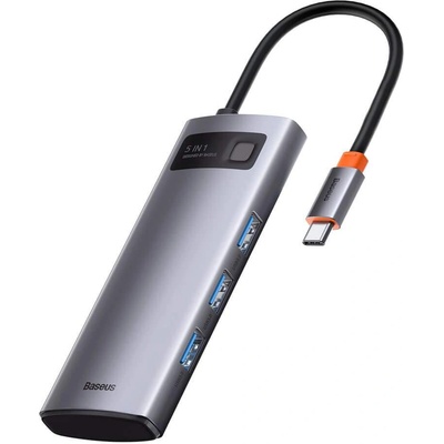 Baseus USB-C Metal Gleam Series 5-in-1 Hub (WKWG020013) - мултифункционален хъб за свързване на допълнителна периферия за устройства с USB-C (тъмносив)