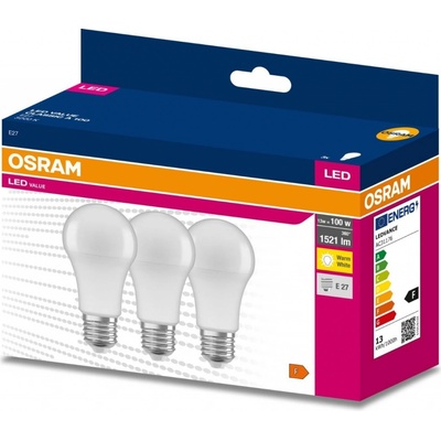 Osram 3PAK LED žárovka LED E27 A60 13W = 100W 1521lm 3000K Teplá bílá 200° VALUE OSRVALU7823