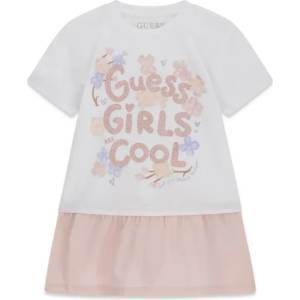 Guess Памучна рокля в бяло и розово за мини момиче с надписи Guess с глитери