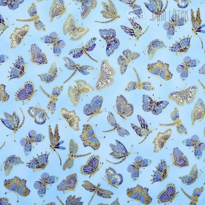 Kolekcia bavlny Parvaneh's Butterflies s motýľmi a zlatými detailmi – modrá