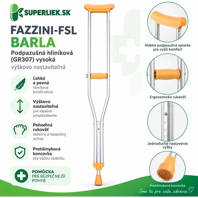 FAZZINI BARLA GR307 Podpazušná Hliníková vysoká, výškovo nastaviteľná na 134-154 cm, 1x2 ks
