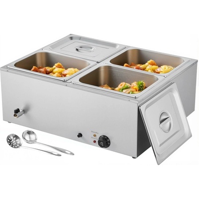 Komerční ohřívač jídla VEVOR, elektrický ohřívač jídla v parním hrnci z nerezové oceli s výkonem 1500 W a víkem, 4pánvový rychloohřívací stojan na bufet s polévkou a perforovanými naběračkami, pro cat – Sleviste.cz