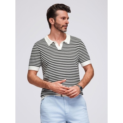 Ombre Clothing Мъжка плетена поло риза без копчета с морски ивици - черно-бяла Ombre Clothing | Cheren | МЪЖЕ | S
