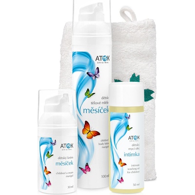 Original Atok Pro malé objevitele Dětský mycí olej Intimka 50 ml + Dětské tělové mléko Měsíček 100 ml + Dětský krém Měsíček 30 ml + Průhledný zip sáček s jezdcem + Bílá bavlněná žínka