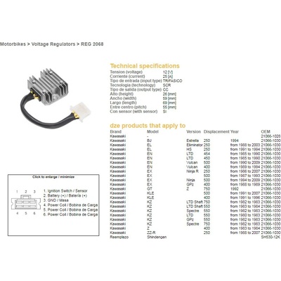DZE regulátor napětí KAWASAKI EL/EN/EX/GPZ/KZ/Z (SH530-12) (21066-1030) (SH530-12K,ESR140)