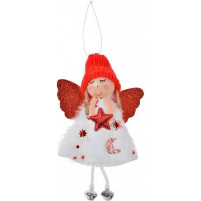 Clayre & Eef Bílo-červená látková závěsná dekorace anděl s hvězdičkou - 8*3*15 cm