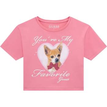 GUESS Къса цикламена тениска за момиче с кученце и бродиран надпис Guess