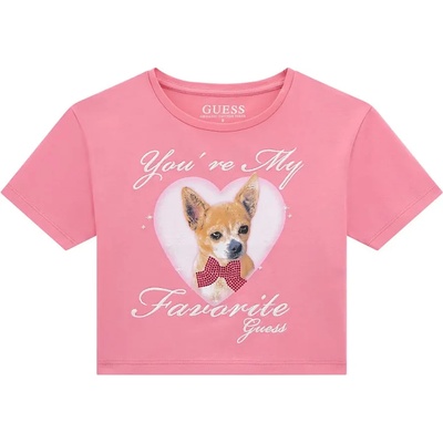 GUESS Къса цикламена тениска за момиче с кученце и бродиран надпис Guess