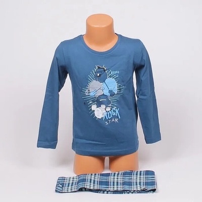 Детска памучна пижама в тъмносиньо с каре и апликация