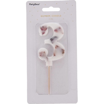 PartyDeco Svíčka číslice 3 bílá s okvětními lístky 8 cm