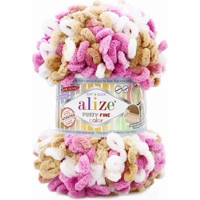 Alize Puffy fine color 6402 růžovofialová, bílá, hnědobéžová