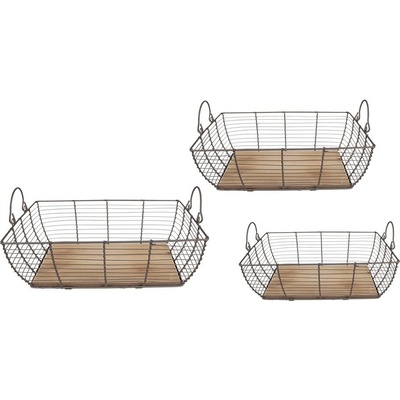 Clayre & Eef Set 3 ks hnědý drátěný košík s dřevěným dnem a uchy Vi 35 x 25 x 11 31 x 21 x 9 27 x 17 x 6 cm
