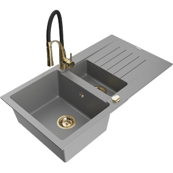 Mexen Matias гранитна мивка с 1, 5 камери, отцедник и кухненски смесител Aster, сив - 6502-71-73450-57-G (6502-71-73450-57-G)
