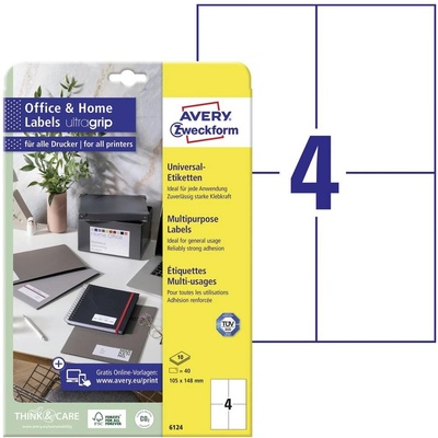 Avery-Zweckform 6124 105 x 148 mm papier biela 40 ks trvalé univerzálne etikety atrament, laser, kópie