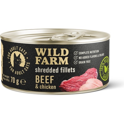 WILD FARM Филе от говеждо и пилешко месо 70 г - беззърнена мокра храна за котки, филе в бульон