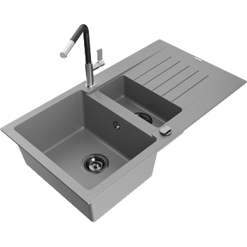Mexen Matias гранитна мивка 1, 5-корпусна с отцедник и кухненски смесител Flora, сива - 6502-71-670401-07-B (6502-71-670401-07-B)