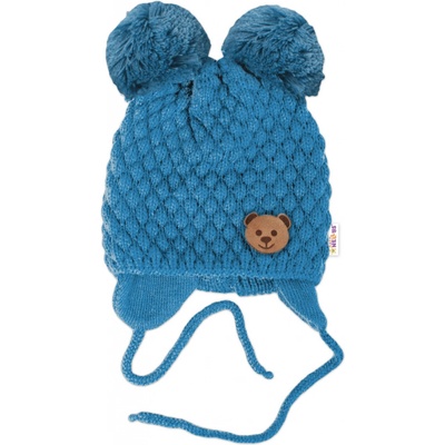 Baby Nellys Zimná pletená čiapka Teddy Bear na zaväzovanie modrá