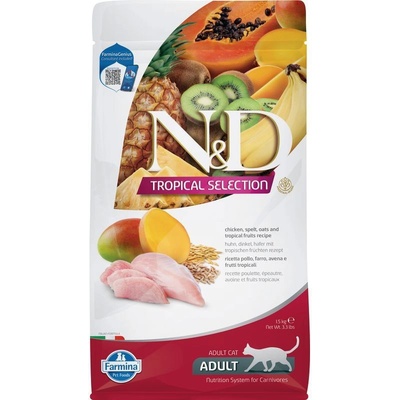 N&D Cat Grain Free Tropical Selection Adult Chicken and Tropical fruits - суха храна за котки над 1 година с пилешко, спелта, овес и тропически плодове - 1, 500 кг, Италия - PND0150085