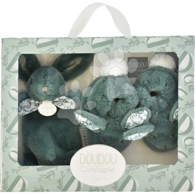 Doudou et Compagnie dárková sada pro miminko Slipper Gift Set Sage Green Lapin bačkůrky a zajíček na mazlení zelená 15 cm