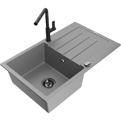 Mexen Bruno гранитна мивка с една камера с отцедник и кухненски смесител Flora, сив - 6513-71-670401-70-B (6513-71-670401-70-B)