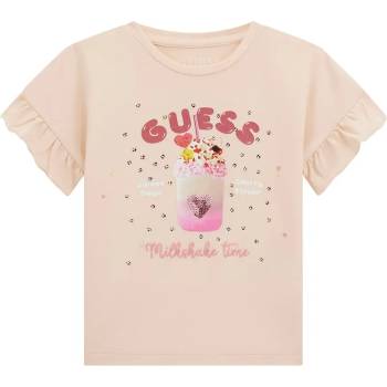 GUESS Тениска в прасковен цвят за мини момиче с много детайли, къдрички и пайети Guess