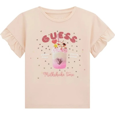 GUESS Тениска в прасковен цвят за мини момиче с много детайли, къдрички и пайети Guess