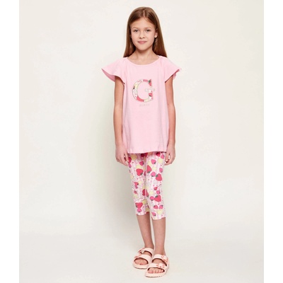 Guess Розова тениска с G за мини момиче с раиран клин плодове Guess