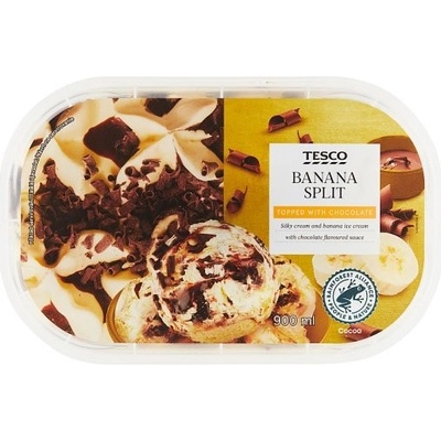 Tesco Mrazený krém s banánovou príchuťou s polevou s čokoládovou príchuťou a kúskami čokolády 900 ml