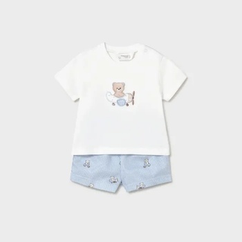 Mayoral Комплект къси панталони в светлосиньо и бяла тениска с мечета за новородено момче Mayoral