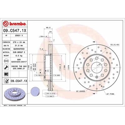 BREMBO brzdový kotúč 09.C547.1X, súprava 2 ks