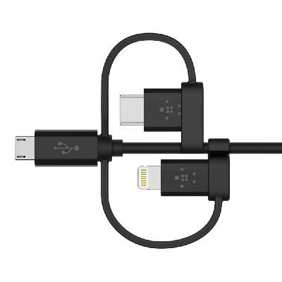 Universal Cable with Micro-USB, USB-C and Lightning Connectors - качествен USB кабел с Lightning, microUSB и USB-C конектори (черен)