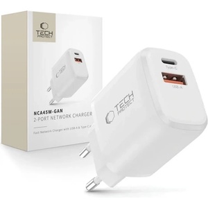 Tech-Protect nca45w-gan 2-портово мрежово зарядно pd 45w / qc3.0 бяло (5906302335985)