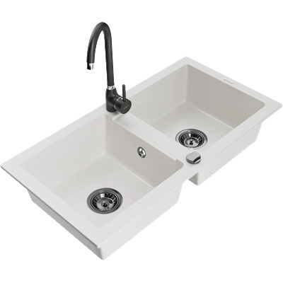 Mexen Mario двоен кухненски гранитен мивка с батерия Telma, бял - 6504-20-670200-70 (6504-20-670200-70)