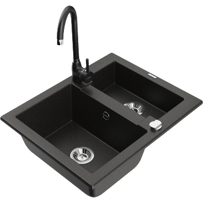 Mexen Carlos гранитна мивка с 1, 5 камери и кухненски смесител Telma, черен/златен металик - 6518-75-670200-70 (6518-75-670200-70)