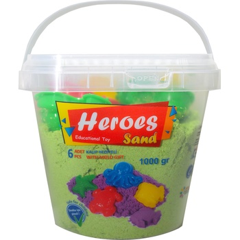 Heroes Кинетичен пясък в кофа Heroes - Зелен цвят с 6 фигурки, 1000 g (KUM-017.4)