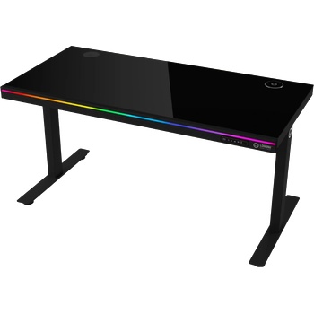 LORGAR Геймърско бюро LORGAR LRG-DP80G, Dual-motor sit/stand adjustable-height gaming desk with wireless charger, RGB lighting, control panel, and USB ports, solid tempered glass tabletop, black (LRG-DP80G)