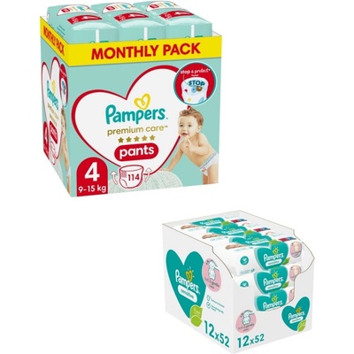 Pampers Пелени гащи Pampers Premium Care - Monthly pack, Размер 4, 114 броя + мокри кърпички Sensitive, 12 x 52 броя (TYBB0095105N)