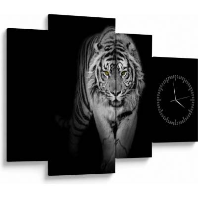 Obraz - Tiger so žltými očami (s hodinami), štvordielne 110x75 cm s hodinami