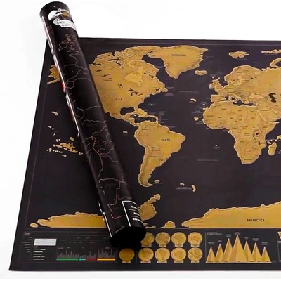 Deluxe Stieracia mapa sveta, 82,5 x 59,4 cm alebo 42 x 30 cm, zlato-čierna S tubou bez tuby: 42 x 30 cm, s tubou