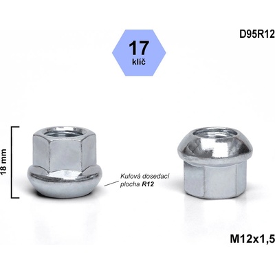 Kolová matice M12x1,5 koule R12 otevřená, klíč 17, D95R12, výška 18 mm | Zboží Auto