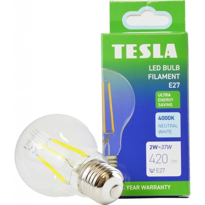 Tesla LED žárovka FILAMENT A class, E27, 2W, 420lm, 4000K denní bílá, 360st, čirá, 230V, 25 000h
