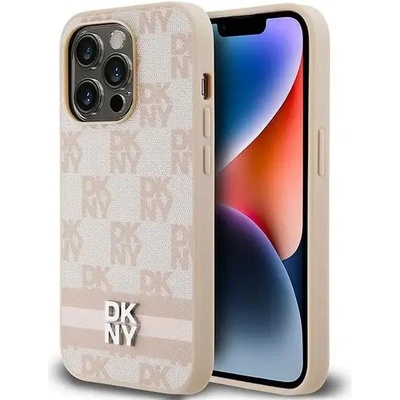 DKNY Кейс DKNY Leather Checkered Mono Pattern & Printed Stripes за iPhone 14 Pro, розов (3666339263591)