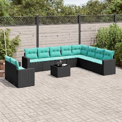 vidaXL Градински комплект диван с възглавници 11 части черен полиратан (3251514)