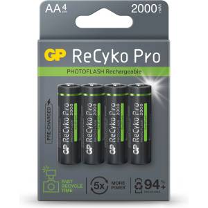 GP Batteries Акумулаторна Батерия GP R6 AA 2000mAh RECYKO + PRO Fast Flash GP-BR-210AAHCF-APCEB4 NiMH /до 500 цикъла/ 4 бр. в опаковка GP (GP-BR-210AAHCF-APCEB4) - topmall