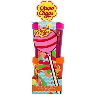 Chupa Chups Bath & Shower Jelly Pots sada kúpeľové želé Strawberry Swirl 220 g + kúpeľové želé Orange Pop 220 g pre deti