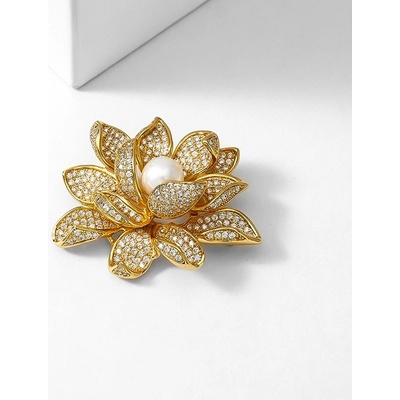 Éternelle brož s perlou a zirkony Lotus lotosový květ B2118/AL Zlatá